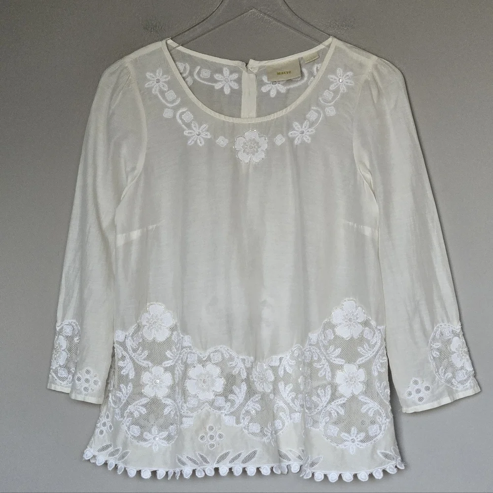 Anthropologie Maeve Cream Silk Embroidered Lace Women's Boho Feminine Fairy Top